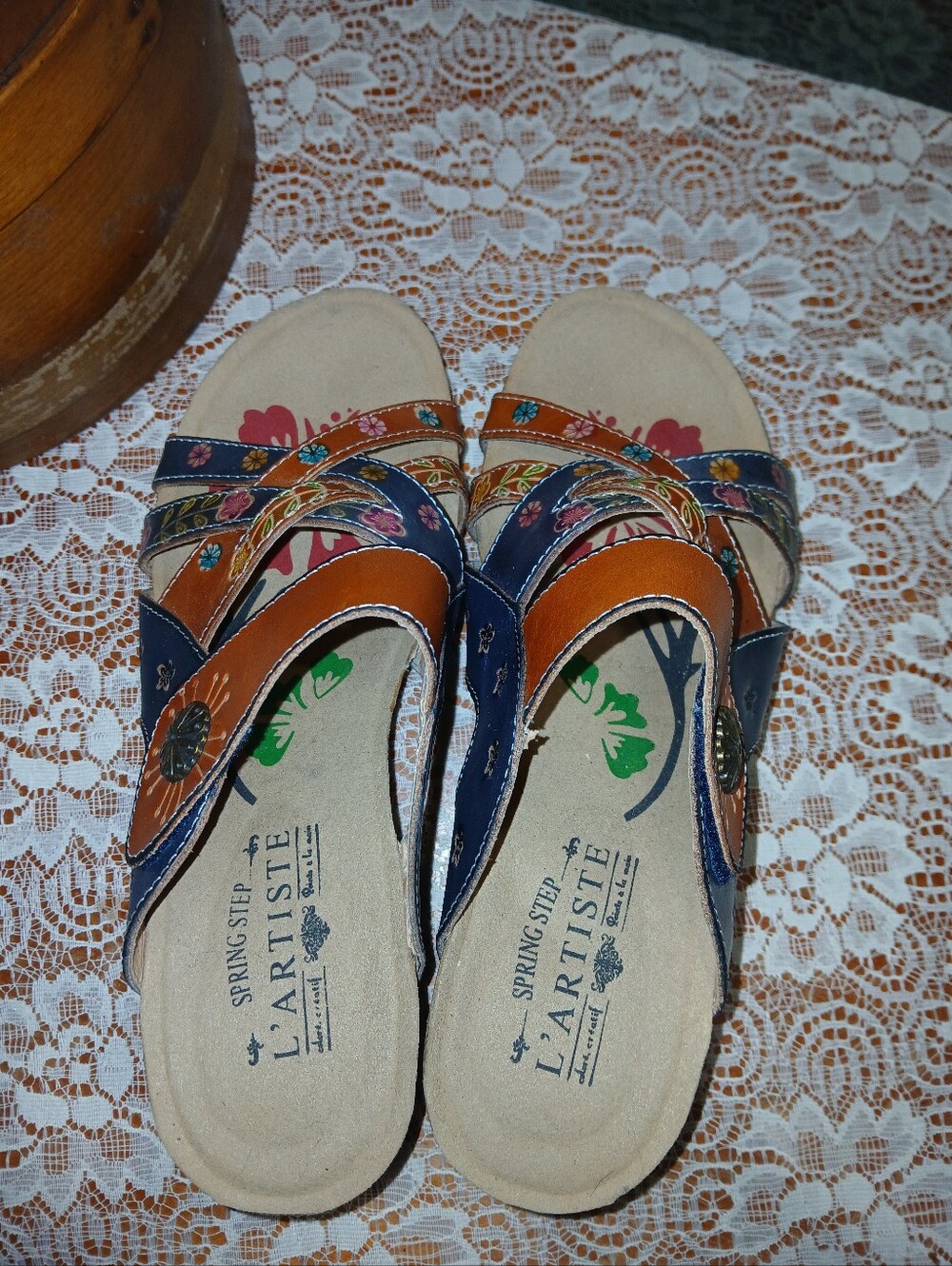 L'Artiste Spring Step Swan Floral Leather Wedge Sandals Size 40 - Picture 4 of 11